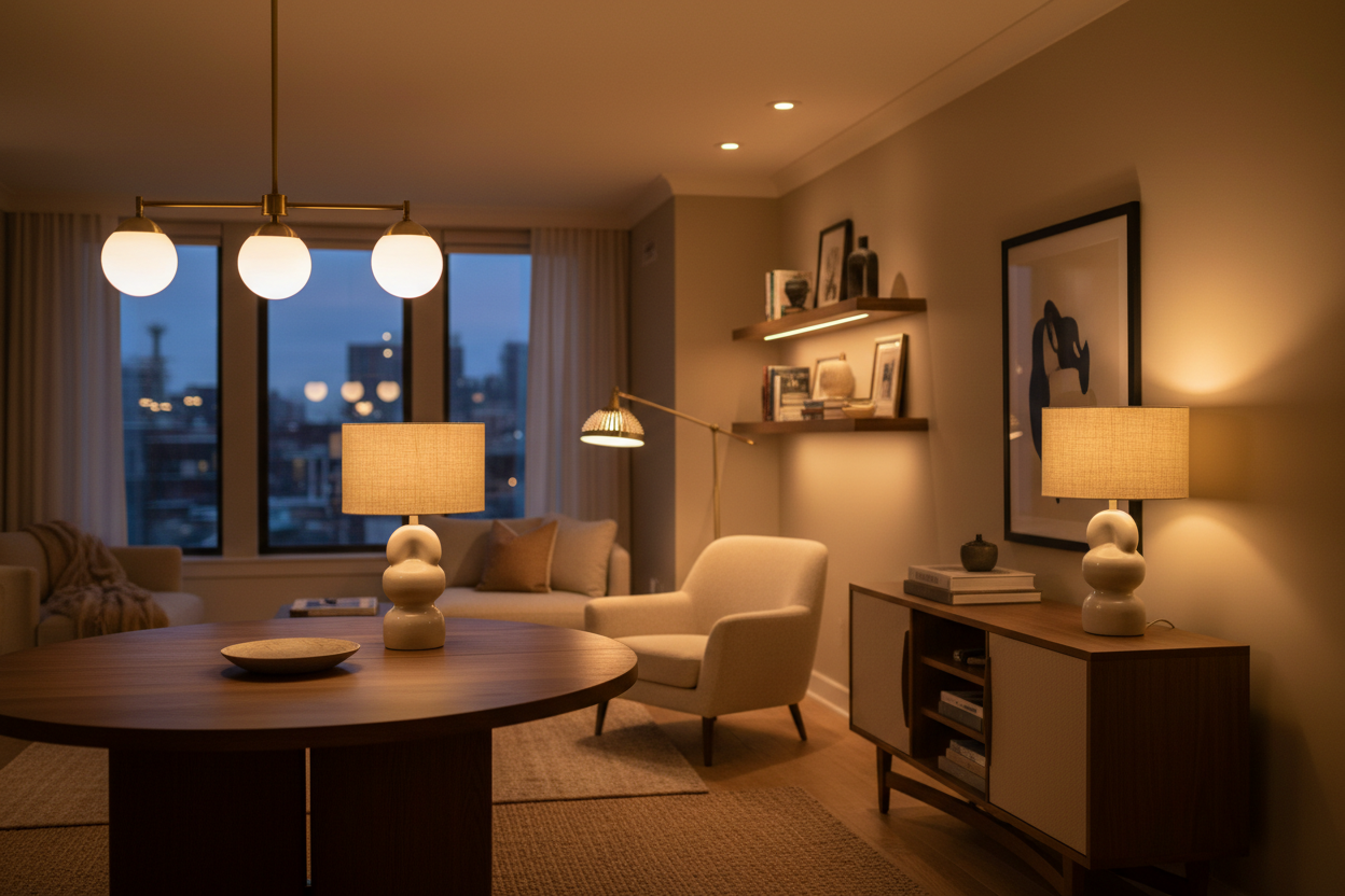 Lighting: Ambient and task lighting that combines artistry with functionality to create a warm, inviting atmosphere. (make it real photo)