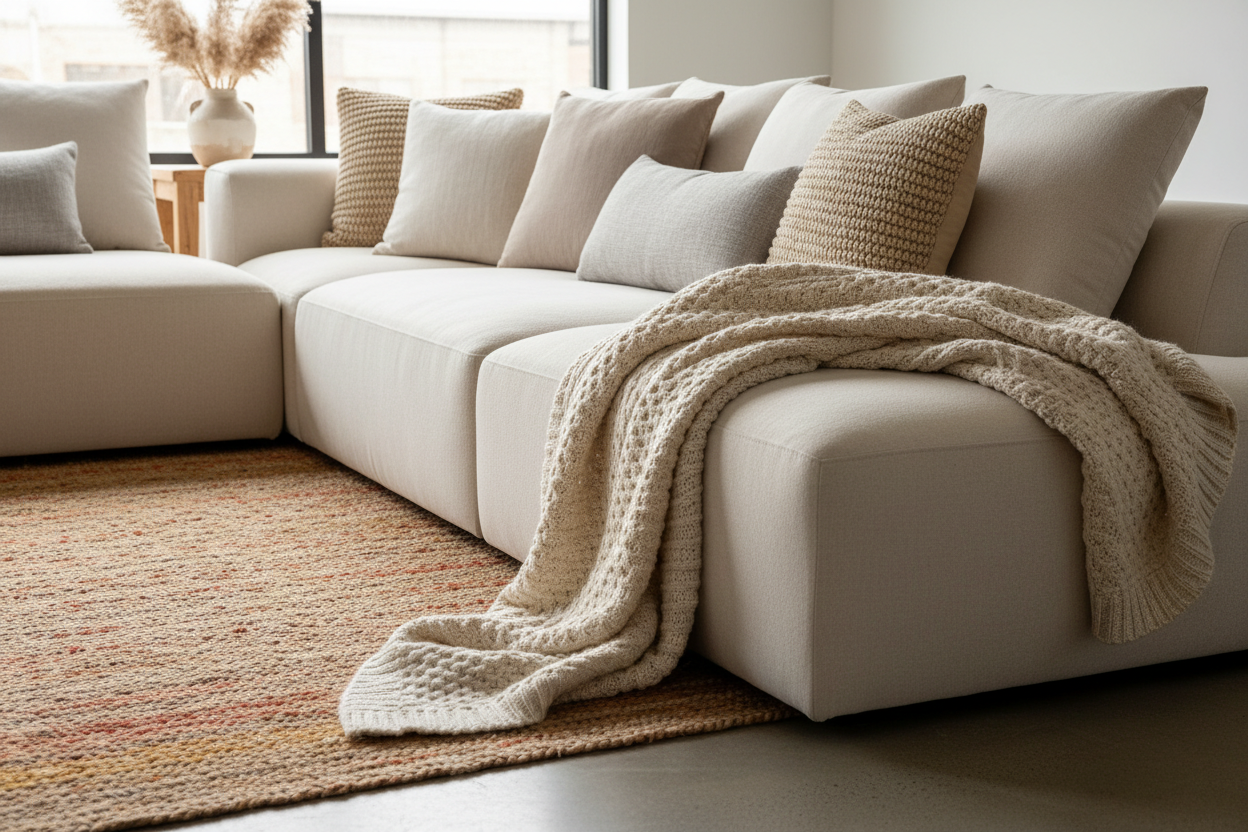 Textiles & Soft Furnishings: Cushions, throws, and rugs in natural tones and textures that enhance comfort and style. (make it real photo)